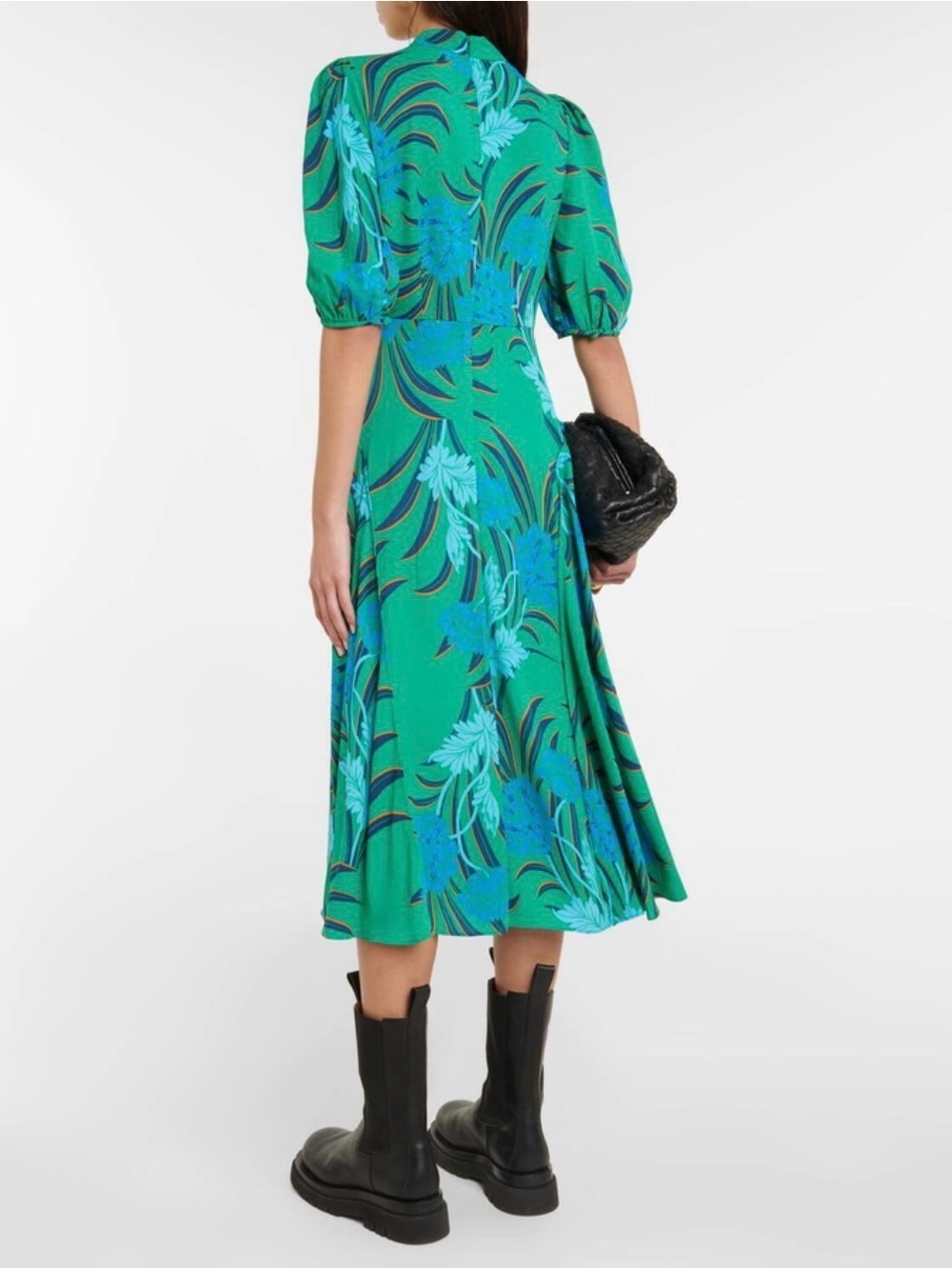 Diane Von Furstenberg Green Midi Dress with Blue Floral Print - Picture 3 of 5
